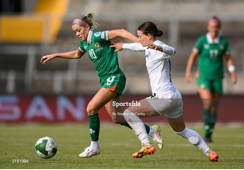 3 June 2025; Denise O'Sullivan of Republic of Ireland in action against Špela Kolbl of Slovenia during the UEFA Women's Nations League, League B match between Republic of Ireland and Slovenia at Páirc Uí Chaoimh in Cork. Photo by Stephen McCarthy/Sportsfile