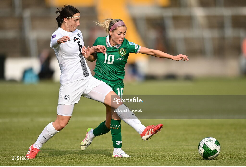 3 June 2025; Denise O'Sullivan of Republic of Ireland in action against Kaja Korošec of Slovenia during the UEFA Women's Nations League, League B match between Republic of Ireland and Slovenia at Páirc Uí Chaoimh in Cork. Photo by David Fitzgerald/Sportsfile