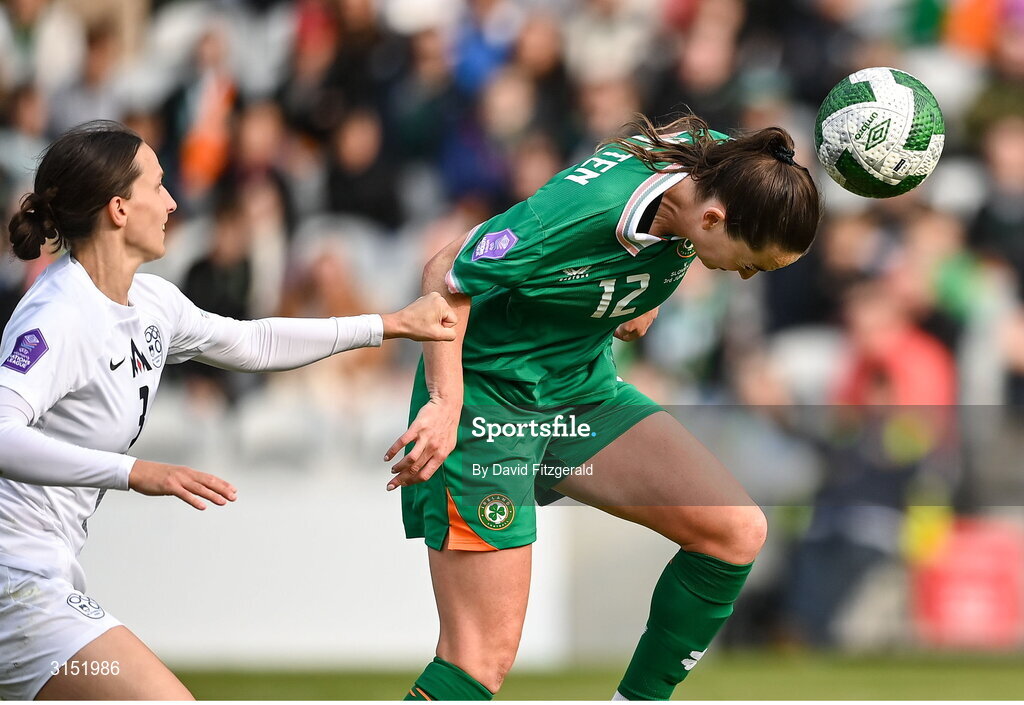 3 June 2025; Anna Patten of Republic of Ireland has a header on goal despite the efforts of Sara Agrež of Slovenia during the UEFA Women's Nations League, League B match between Republic of Ireland and Slovenia at Páirc Uí Chaoimh in Cork. Photo by David Fitzgerald/Sportsfile