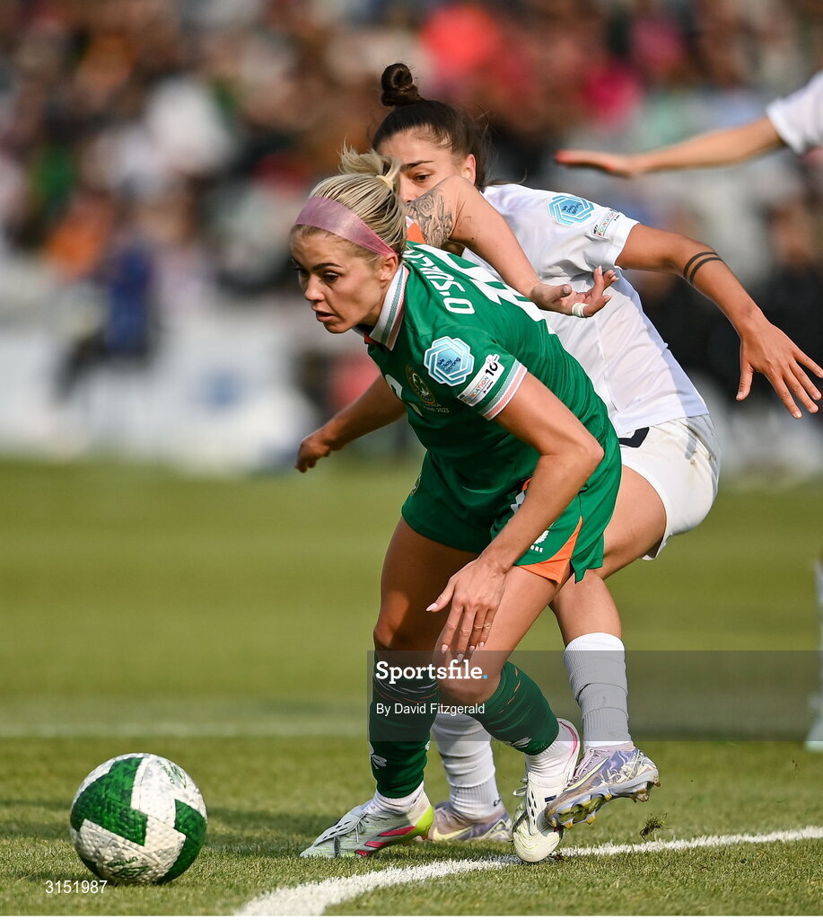 3 June 2025; Denise O'Sullivan of Republic of Ireland in action against Sara Makovec of Slovenia during the UEFA Women's Nations League, League B match between Republic of Ireland and Slovenia at Páirc Uí Chaoimh in Cork. Photo by David Fitzgerald/Sportsfile