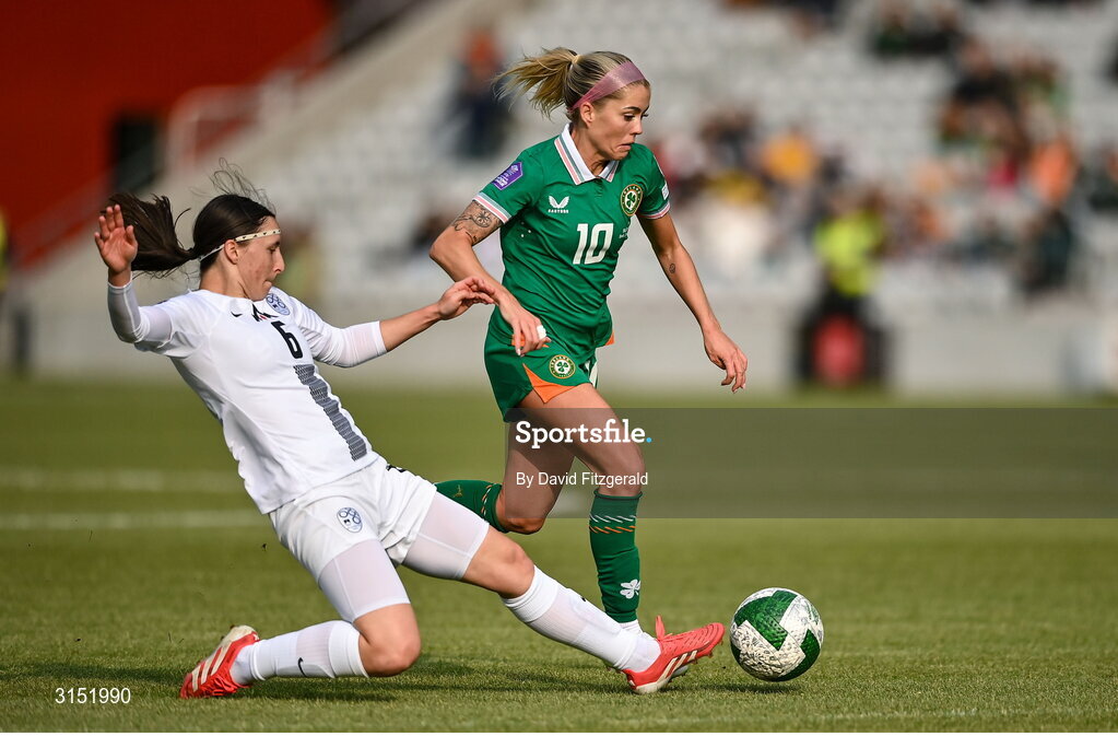 3 June 2025; Denise O'Sullivan of Republic of Ireland is tackled by Kaja Korošec of Slovenia during the UEFA Women's Nations League, League B match between Republic of Ireland and Slovenia at Páirc Uí Chaoimh in Cork. Photo by David Fitzgerald/Sportsfile