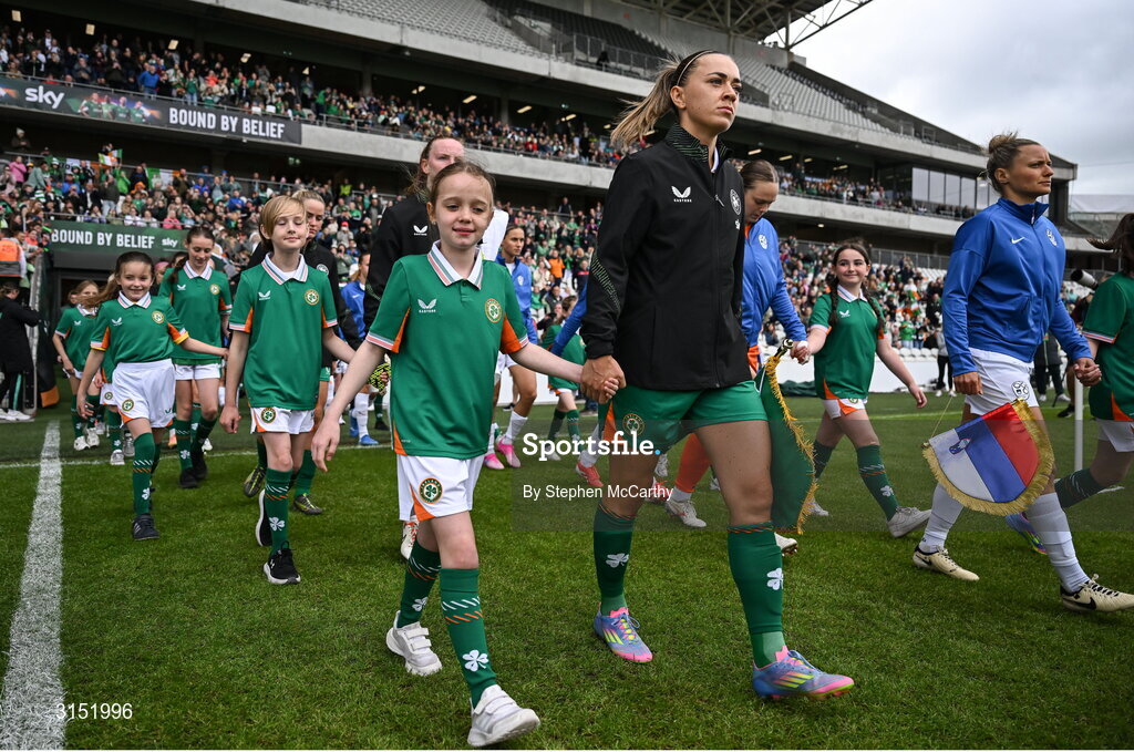 3 June 2025; Republic of Ireland captain Katie McCabe leads her side onto the pitch before the UEFA Women's Nations League, League B match between Republic of Ireland and Slovenia at Páirc Uí Chaoimh in Cork. Photo by Stephen McCarthy/Sportsfile