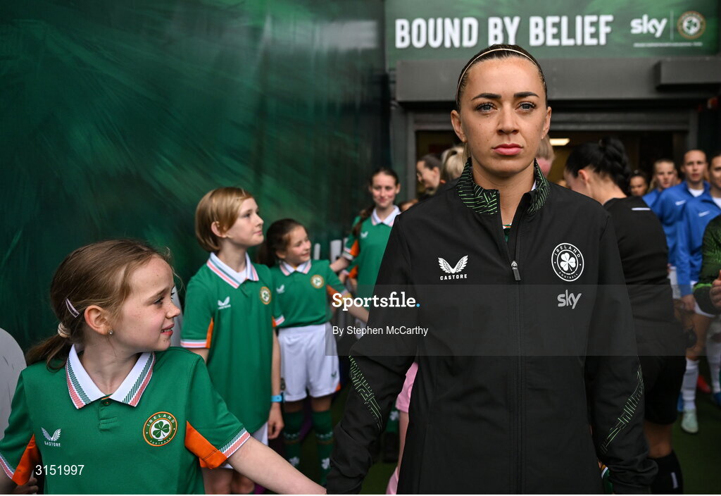 3 June 2025; Republic of Ireland captain Katie McCabe prepares to lead her side onto the pitch before the UEFA Women's Nations League, League B match between Republic of Ireland and Slovenia at Páirc Uí Chaoimh in Cork. Photo by Stephen McCarthy/Sportsfile