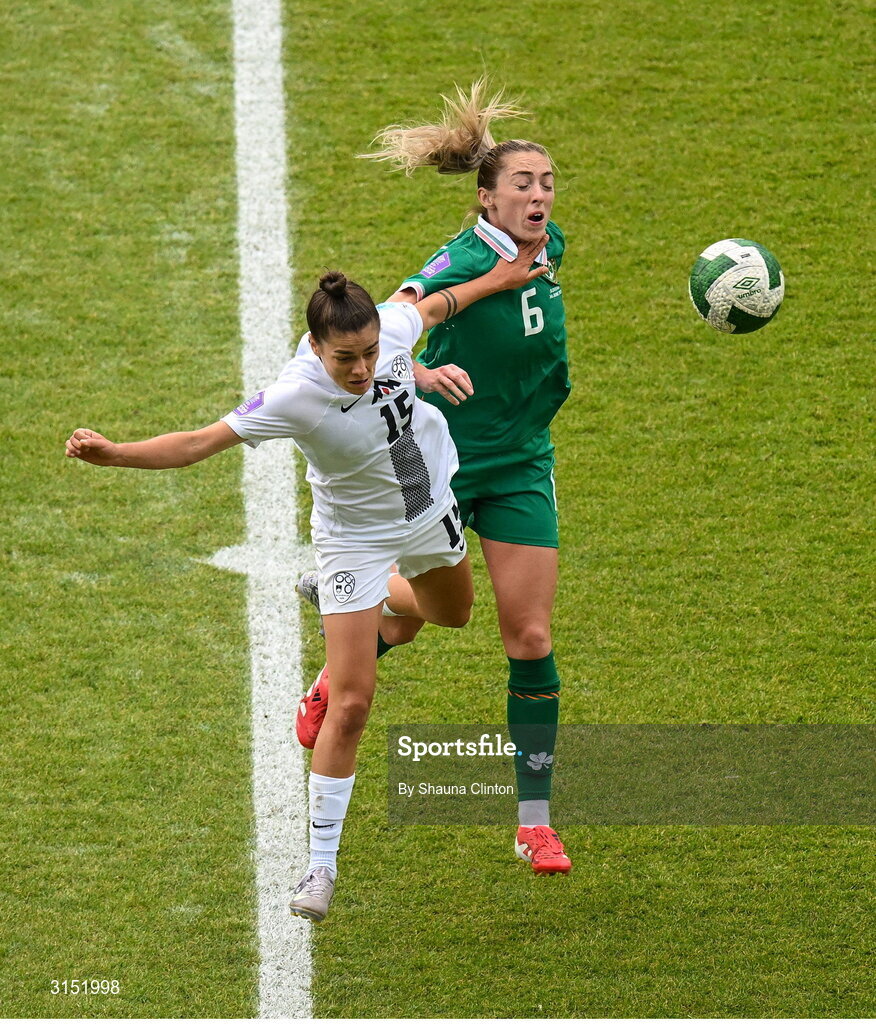 3 June 2025; Sara Makovec of Slovenia in action against Megan Connolly of Republic of Ireland during the UEFA Women's Nations League, League B match between Republic of Ireland and Slovenia at Páirc Uí Chaoimh in Cork. Photo by Shauna Clinton/Sportsfile