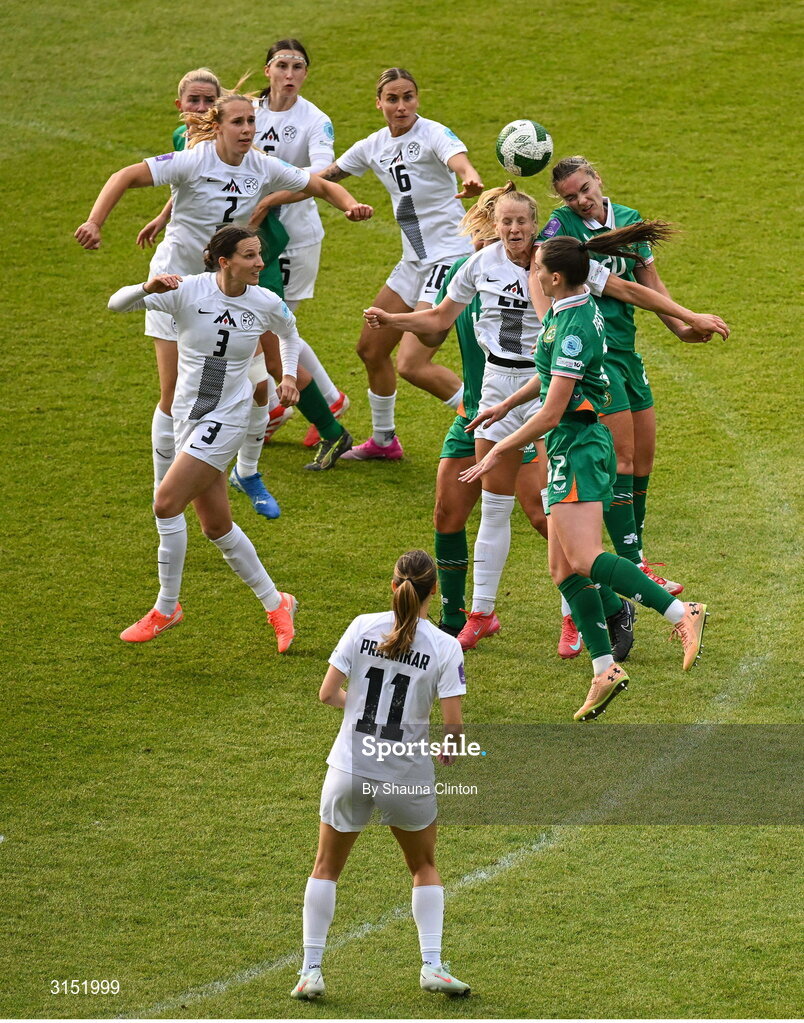 3 June 2025; Zara Kramžar of Slovenia and Saoirse Noonan of Republic of Ireland comtete for a header during the UEFA Women's Nations League, League B match between Republic of Ireland and Slovenia at Páirc Uí Chaoimh in Cork. Photo by Shauna Clinton/Sportsfile