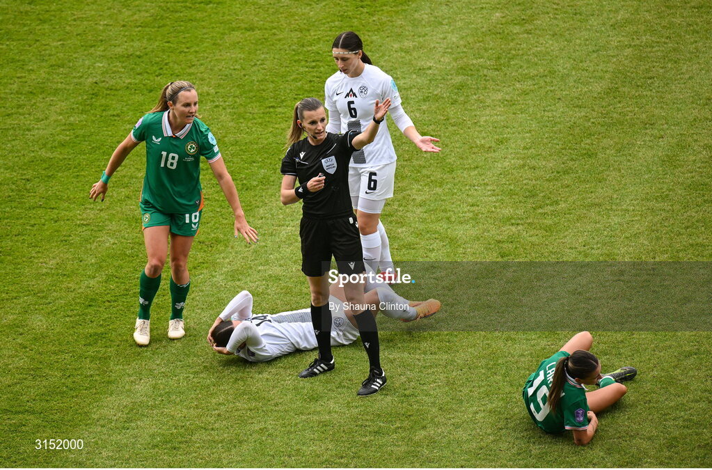3 June 2025; Referee Miriama Bocková signals for medical attention after a clash between Špela Kolbl of Slovenia and Abbie Larkin of Republic of Ireland during the UEFA Women's Nations League, League B match between Republic of Ireland and Slovenia at Páirc Uí Chaoimh in Cork. Photo by Shauna Clinton/Sportsfile