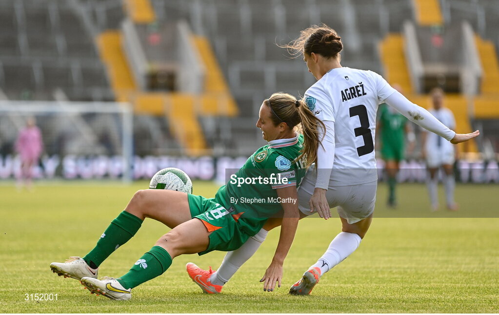 3 June 2025; Kyra Carusa of Republic of Ireland in action against Sara Agrež of Slovenia during the UEFA Women's Nations League, League B match between Republic of Ireland and Slovenia at Páirc Uí Chaoimh in Cork. Photo by Stephen McCarthy/Sportsfile