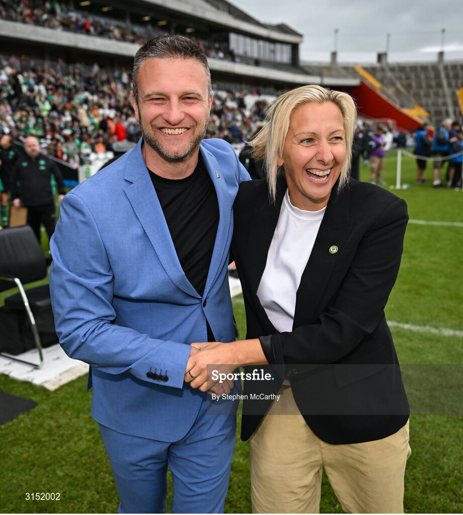 3 June 2025; Slovenia manager Saša Kolman, left, and Republic of Ireland head coach Carla Ward before the UEFA Women's Nations League, League B match between Republic of Ireland and Slovenia at Páirc Uí Chaoimh in Cork. Photo by Stephen McCarthy/Sportsfile