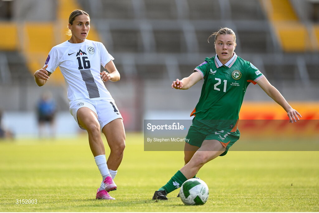 3 June 2025; Kaja Eržen of Slovenia in action against Emily Murphy of Republic of Ireland during the UEFA Women's Nations League, League B match between Republic of Ireland and Slovenia at Páirc Uí Chaoimh in Cork. Photo by Stephen McCarthy/Sportsfile