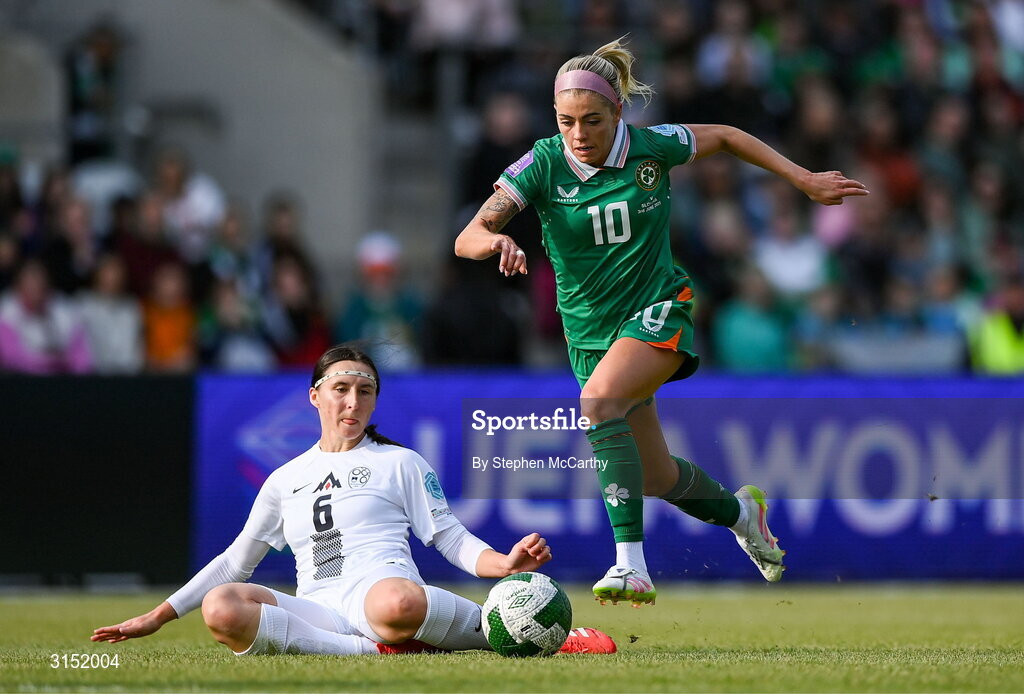 3 June 2025; Denise O'Sullivan of Republic of Ireland in action against Kaja Korošec of Slovenia during the UEFA Women's Nations League, League B match between Republic of Ireland and Slovenia at Páirc Uí Chaoimh in Cork. Photo by Stephen McCarthy/Sportsfile