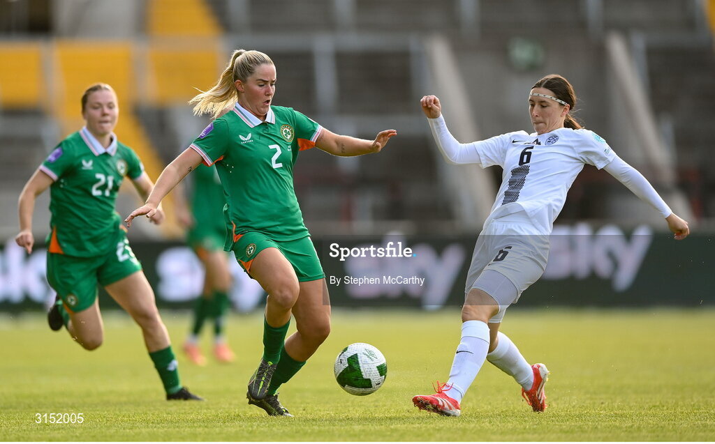 3 June 2025; Jessie Stapleton of Republic of Ireland in action against Kaja Korošec of Slovenia during the UEFA Women's Nations League, League B match between Republic of Ireland and Slovenia at Páirc Uí Chaoimh in Cork. Photo by Stephen McCarthy/Sportsfile