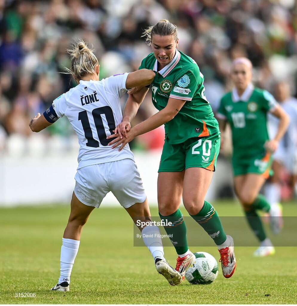 3 June 2025; Saoirse Noonan of Republic of Ireland is tackled by Dominika Conc of Slovenia during the UEFA Women's Nations League, League B match between Republic of Ireland and Slovenia at Páirc Uí Chaoimh in Cork. Photo by David Fitzgerald/Sportsfile