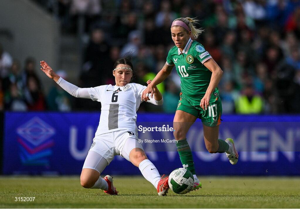 3 June 2025; Denise O'Sullivan of Republic of Ireland is tackled by Kaja Korošec of Slovenia during the UEFA Women's Nations League, League B match between Republic of Ireland and Slovenia at Páirc Uí Chaoimh in Cork. Photo by Stephen McCarthy/Sportsfile