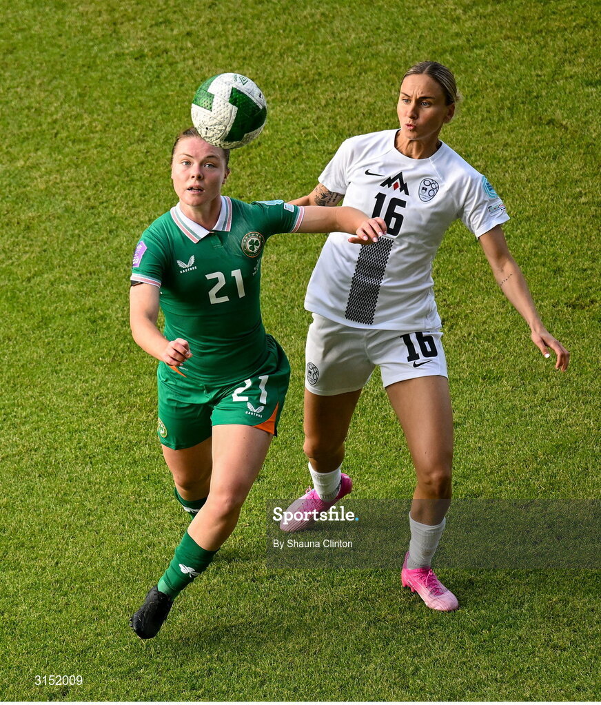 3 June 2025; Emily Murphy of Republic of Ireland in action against Kaja Eržen of Slovenia during the UEFA Women's Nations League, League B match between Republic of Ireland and Slovenia at Páirc Uí Chaoimh in Cork. Photo by Shauna Clinton/Sportsfile