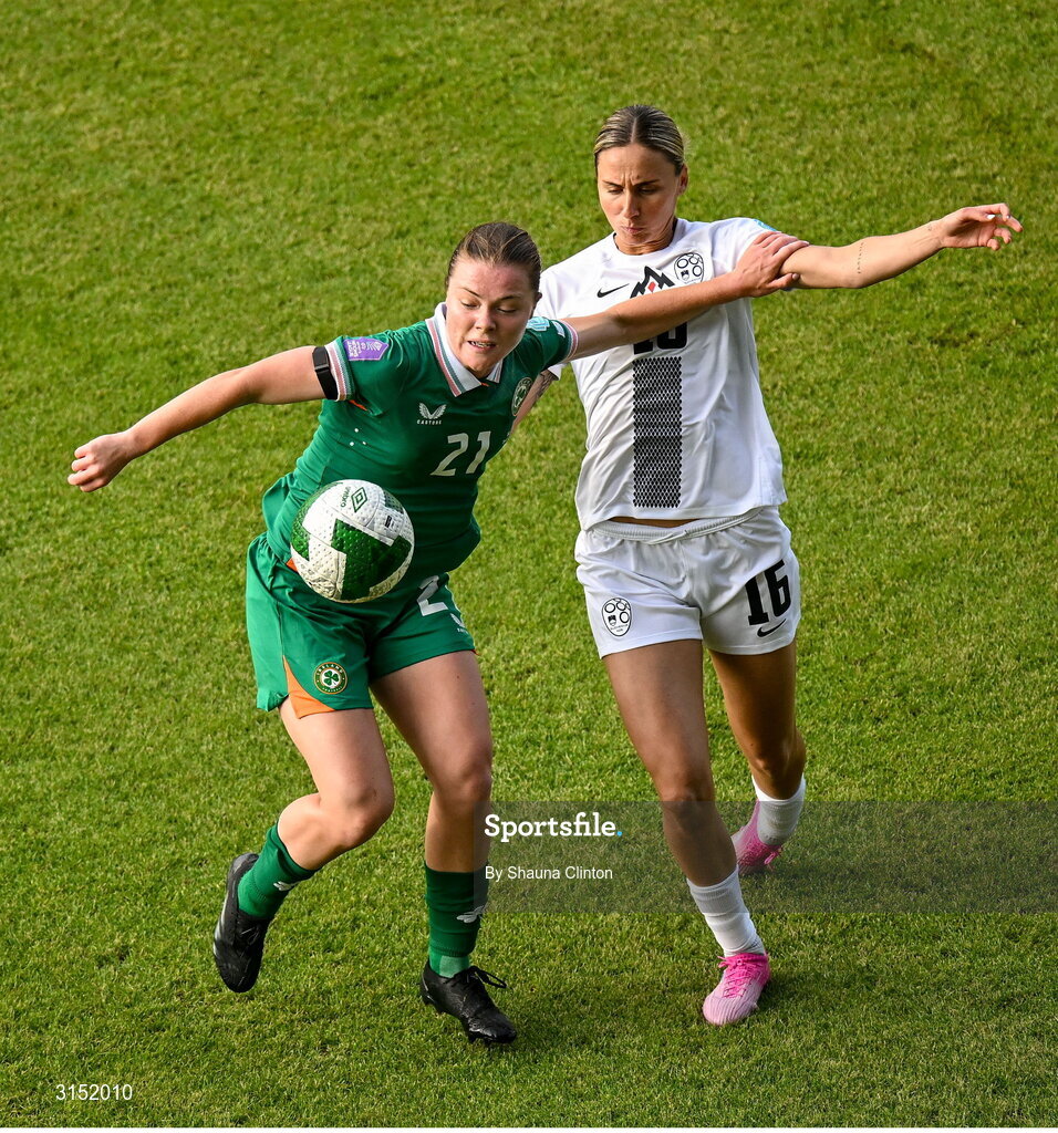 3 June 2025; Emily Murphy of Republic of Ireland in action against Kaja Eržen of Slovenia during the UEFA Women's Nations League, League B match between Republic of Ireland and Slovenia at Páirc Uí Chaoimh in Cork. Photo by Shauna Clinton/Sportsfile