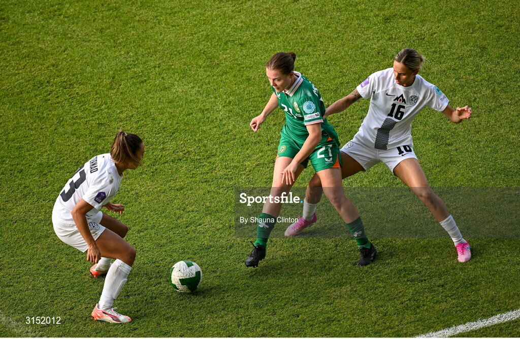 3 June 2025; Emily Murphy of Republic of Ireland in action against Zala Kuštrin, left, and Kaja Eržen of Slovenia during the UEFA Women's Nations League, League B match between Republic of Ireland and Slovenia at Páirc Uí Chaoimh in Cork. Photo by Shauna Clinton/Sportsfile