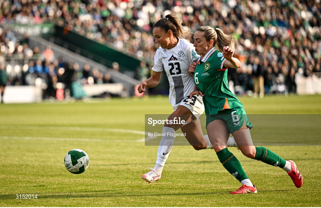 3 June 2025; Maja Sternad of Slovenia in action against Megan Connolly of Republic of Ireland during the UEFA Women's Nations League, League B match between Republic of Ireland and Slovenia at Páirc Uí Chaoimh in Cork. Photo by David Fitzgerald/Sportsfile