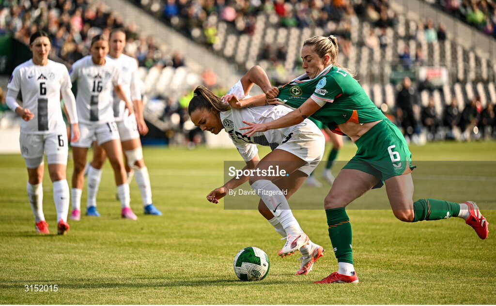 3 June 2025; Maja Sternad of Slovenia in action against Megan Connolly of Republic of Ireland during the UEFA Women's Nations League, League B match between Republic of Ireland and Slovenia at Páirc Uí Chaoimh in Cork. Photo by David Fitzgerald/Sportsfile