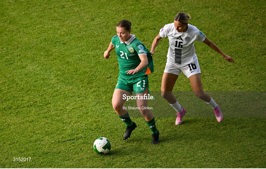 3 June 2025; Emily Murphy of Republic of Ireland in action against Kaja Eržen of Slovenia during the UEFA Women's Nations League, League B match between Republic of Ireland and Slovenia at Páirc Uí Chaoimh in Cork. Photo by Shauna Clinton/Sportsfile