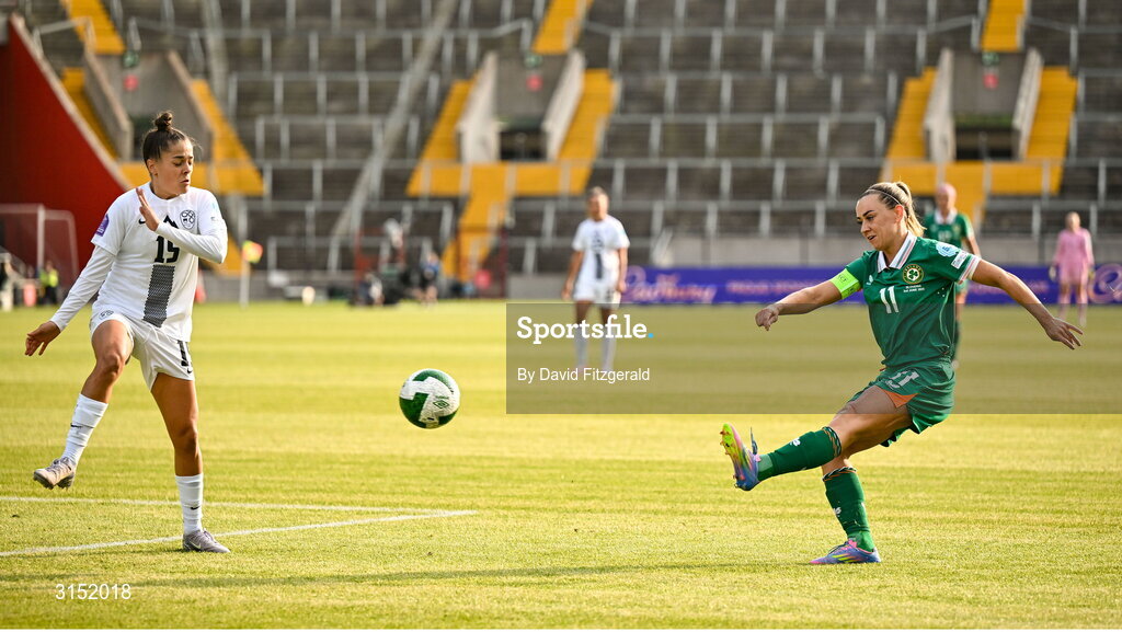3 June 2025; Katie McCabe of Republic of Ireland in action against Sara Makovec of Slovenia during the UEFA Women's Nations League, League B match between Republic of Ireland and Slovenia at Páirc Uí Chaoimh in Cork. Photo by David Fitzgerald/Sportsfile