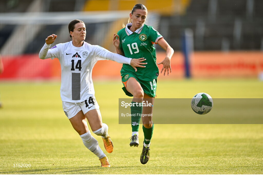 3 June 2025; Abbie Larkin of Republic of Ireland in action against Špela Kolbl of Slovenia during the UEFA Women's Nations League, League B match between Republic of Ireland and Slovenia at Páirc Uí Chaoimh in Cork. Photo by David Fitzgerald/Sportsfile