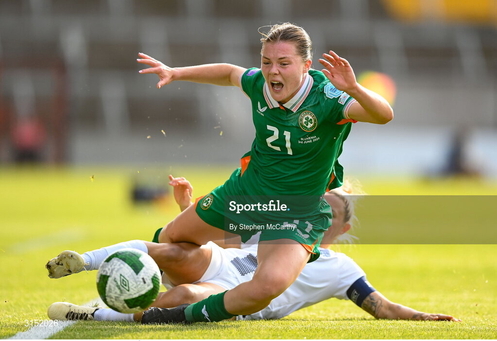 3 June 2025; Emily Murphy of Republic of Ireland is tackled by Dominika Conc of Slovenia during the UEFA Women's Nations League, League B match between Republic of Ireland and Slovenia at Páirc Uí Chaoimh in Cork. Photo by Stephen McCarthy/Sportsfile