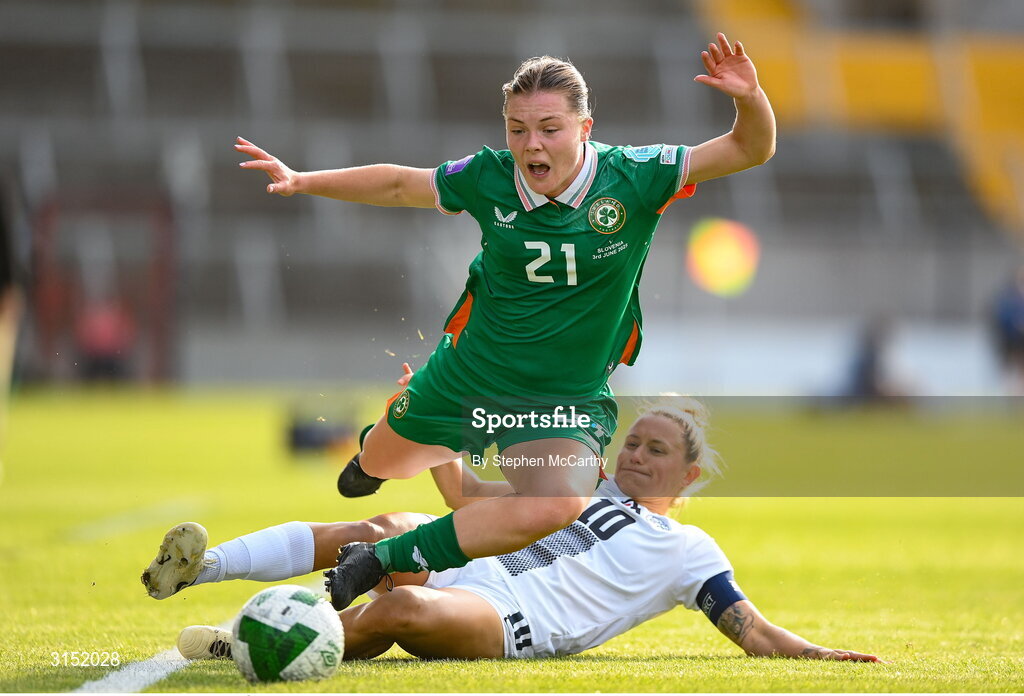 3 June 2025; Emily Murphy of Republic of Ireland is tackled by Dominika Conc of Slovenia during the UEFA Women's Nations League, League B match between Republic of Ireland and Slovenia at Páirc Uí Chaoimh in Cork. Photo by Stephen McCarthy/Sportsfile
