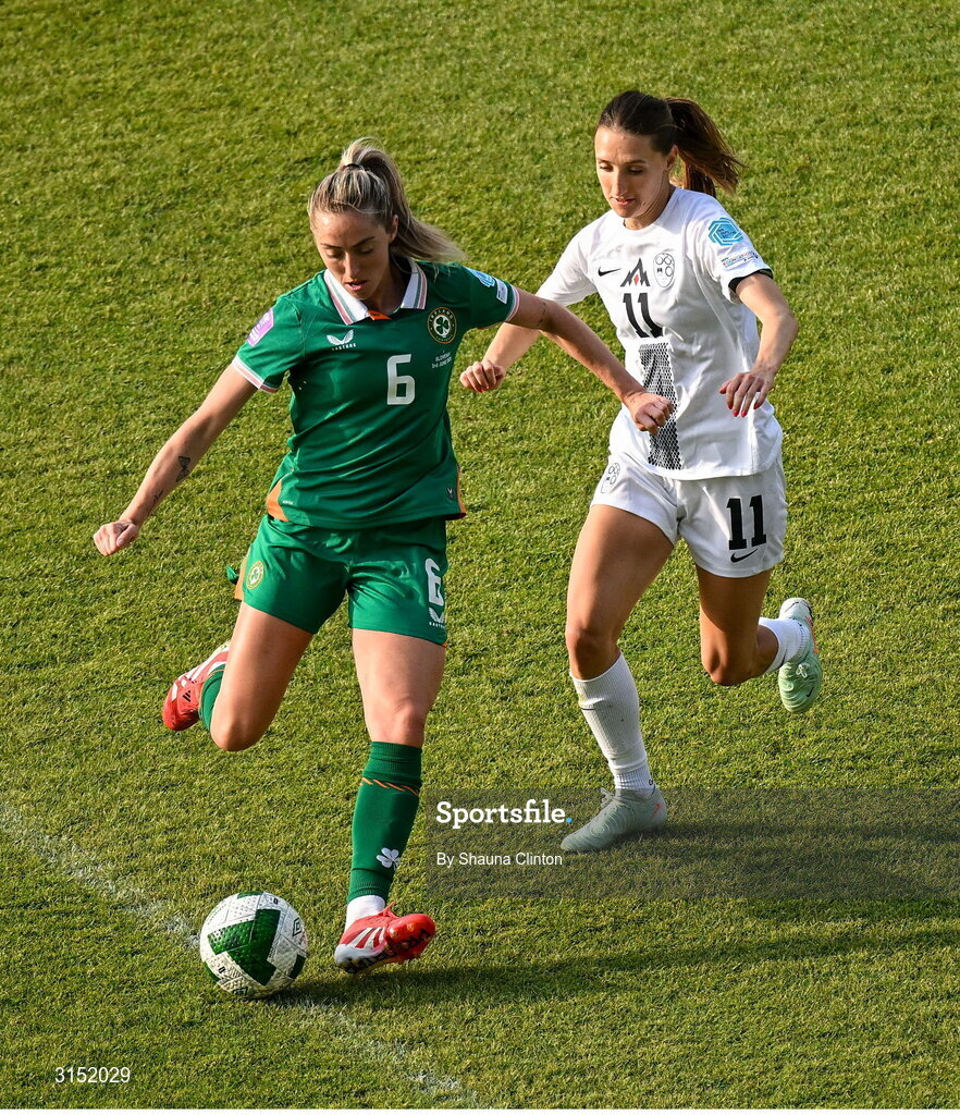 3 June 2025; Megan Connolly of Republic of Ireland in action against Lara Prašnikar of Slovenia during the UEFA Women's Nations League, League B match between Republic of Ireland and Slovenia at Páirc Uí Chaoimh in Cork. Photo by Shauna Clinton/Sportsfile
