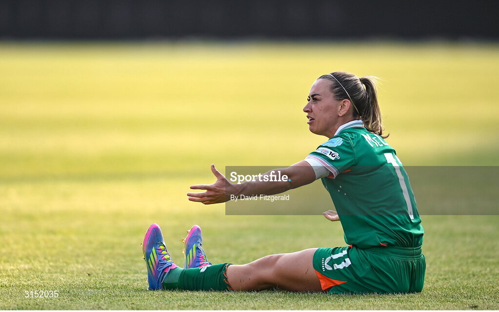 3 June 2025; Katie McCabe of Republic of Ireland reacts during the UEFA Women's Nations League, League B match between Republic of Ireland and Slovenia at Páirc Uí Chaoimh in Cork. Photo by David Fitzgerald/Sportsfile