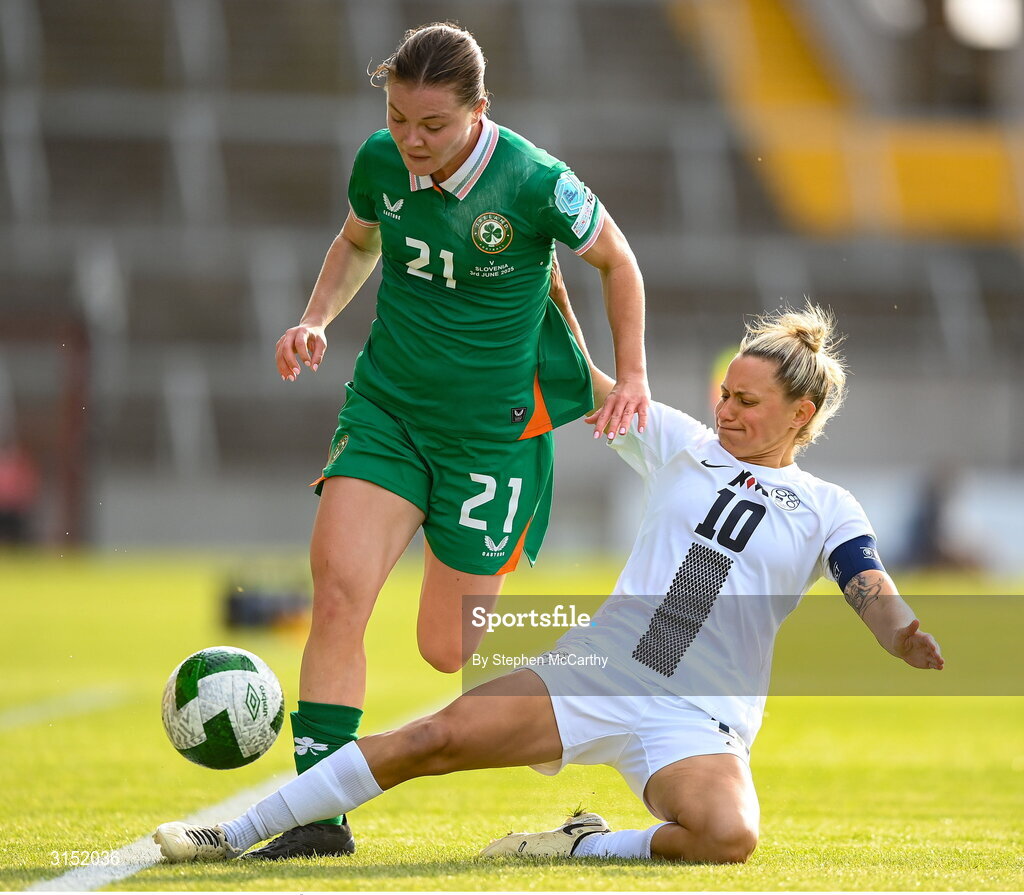 3 June 2025; Emily Murphy of Republic of Ireland is tackled by Dominika Conc of Slovenia during the UEFA Women's Nations League, League B match between Republic of Ireland and Slovenia at Páirc Uí Chaoimh in Cork. Photo by Stephen McCarthy/Sportsfile