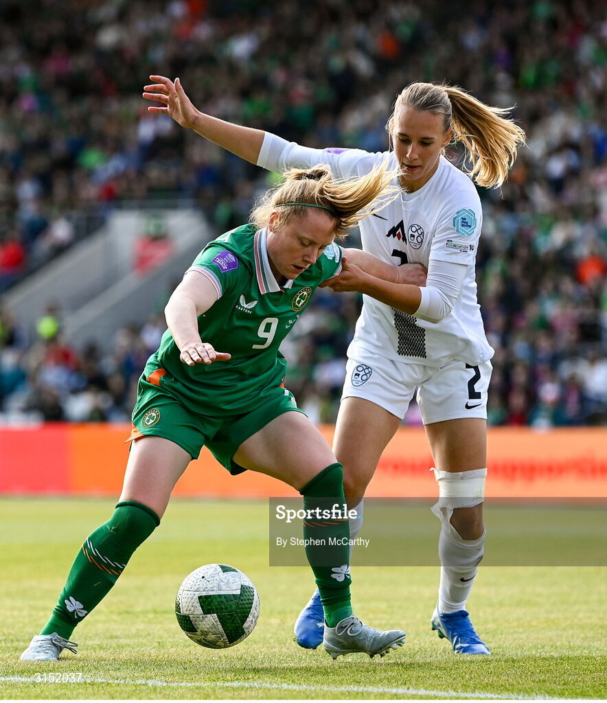 3 June 2025; Amber Barrett of Republic of Ireland /holds off the challenge of Lana Golob of Slovenia during the UEFA Women's Nations League, League B match between Republic of Ireland and Slovenia at Páirc Uí Chaoimh in Cork. Photo by Stephen McCarthy/Sportsfile