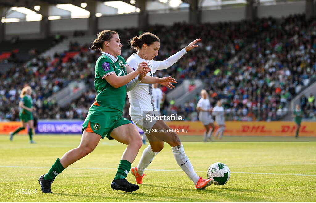 3 June 2025; Emily Murphy of Republic of Ireland in action against Sara Agrež of Slovenia during the UEFA Women's Nations League, League B match between Republic of Ireland and Slovenia at Páirc Uí Chaoimh in Cork. Photo by Stephen McCarthy/Sportsfile