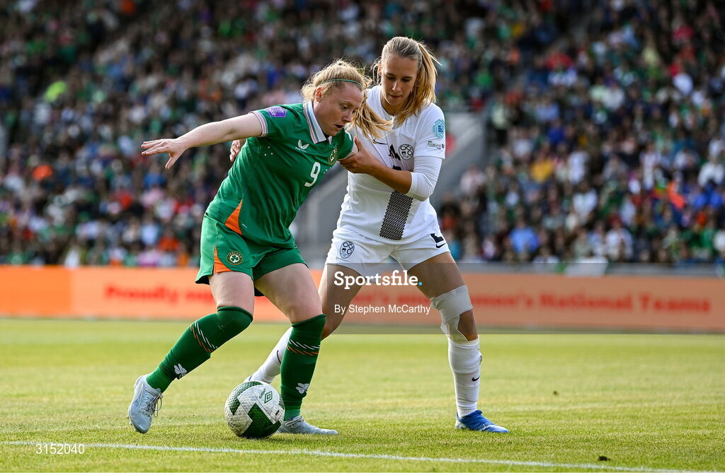 3 June 2025; Amber Barrett of Republic of Ireland /holds off the challenge of Lana Golob of Slovenia during the UEFA Women's Nations League, League B match between Republic of Ireland and Slovenia at Páirc Uí Chaoimh in Cork. Photo by Stephen McCarthy/Sportsfile