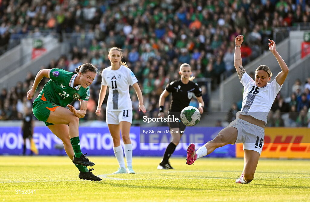 3 June 2025; Emily Murphy of Republic of Ireland has a shot on goal during the UEFA Women's Nations League, League B match between Republic of Ireland and Slovenia at Páirc Uí Chaoimh in Cork. Photo by Stephen McCarthy/Sportsfile
