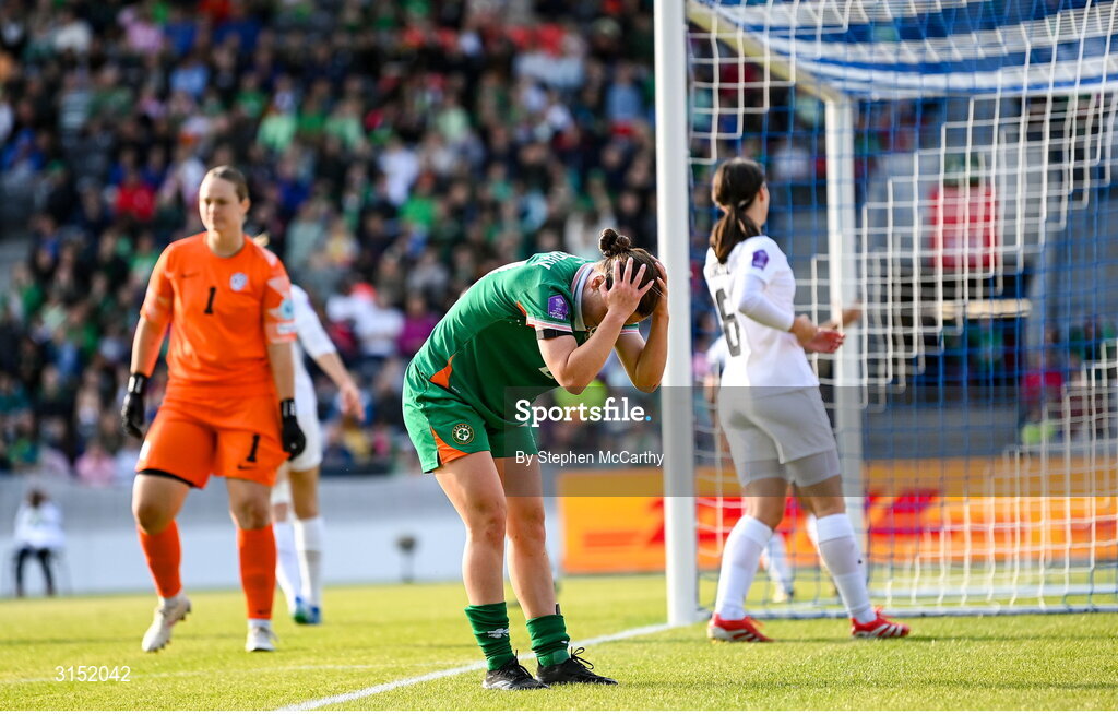 3 June 2025; Emily Murphy of Republic of Ireland reacts after missing an opportunity on goal during the UEFA Women's Nations League, League B match between Republic of Ireland and Slovenia at Páirc Uí Chaoimh in Cork. Photo by Stephen McCarthy/Sportsfile