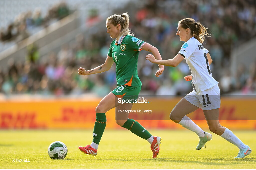 3 June 2025; Megan Connolly of Republic of Ireland in action against Lara Prašnikar of Slovenia during the UEFA Women's Nations League, League B match between Republic of Ireland and Slovenia at Páirc Uí Chaoimh in Cork. Photo by Stephen McCarthy/Sportsfile