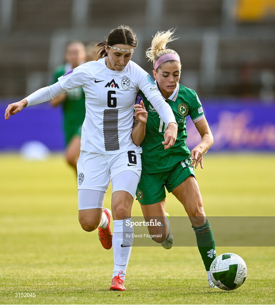 3 June 2025; Kaja Korošec of Slovenia and Denise O'Sullivan of Republic of Ireland compete for possession during the UEFA Women's Nations League, League B match between Republic of Ireland and Slovenia at Páirc Uí Chaoimh in Cork. Photo by David Fitzgerald/Sportsfile