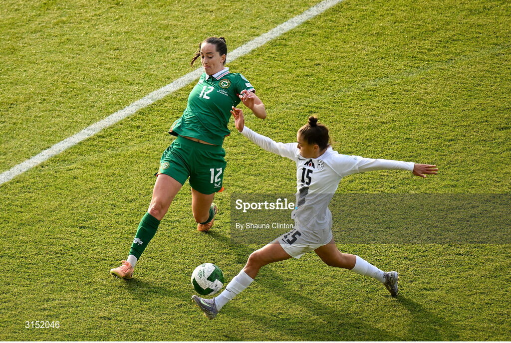 3 June 2025; Anna Patten of Republic of Ireland in action against Sara Makovec of Slovenia during the UEFA Women's Nations League, League B match between Republic of Ireland and Slovenia at Páirc Uí Chaoimh in Cork. Photo by Shauna Clinton/Sportsfile