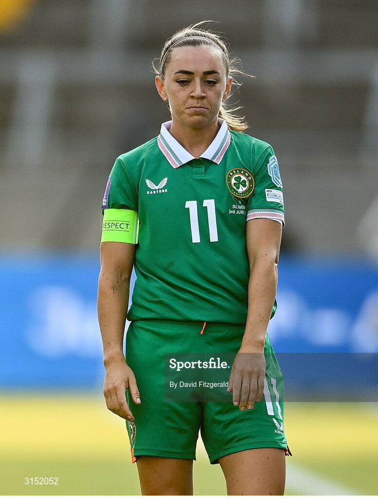 3 June 2025; Katie McCabe of Republic of Ireland reacts during the UEFA Women's Nations League, League B match between Republic of Ireland and Slovenia at Páirc Uí Chaoimh in Cork. Photo by David Fitzgerald/Sportsfile