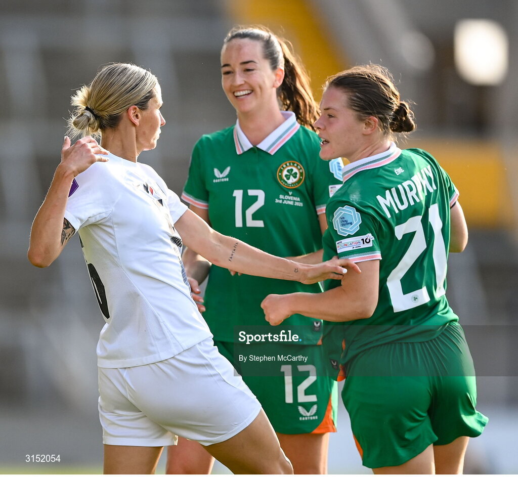 3 June 2025; Kaja Eržen of Slovenia and Emily Murphy of Republic of Ireland tussle during the UEFA Women's Nations League, League B match between Republic of Ireland and Slovenia at Páirc Uí Chaoimh in Cork. Photo by Stephen McCarthy/Sportsfile