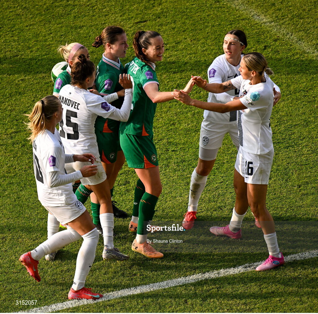 3 June 2025; Players, including Anna Patten and Emily Murphy of Republic of Ireland and Kaja Eržen of Slovenia tussle during the UEFA Women's Nations League, League B match between Republic of Ireland and Slovenia at Páirc Uí Chaoimh in Cork. Photo by Shauna Clinton/Sportsfile