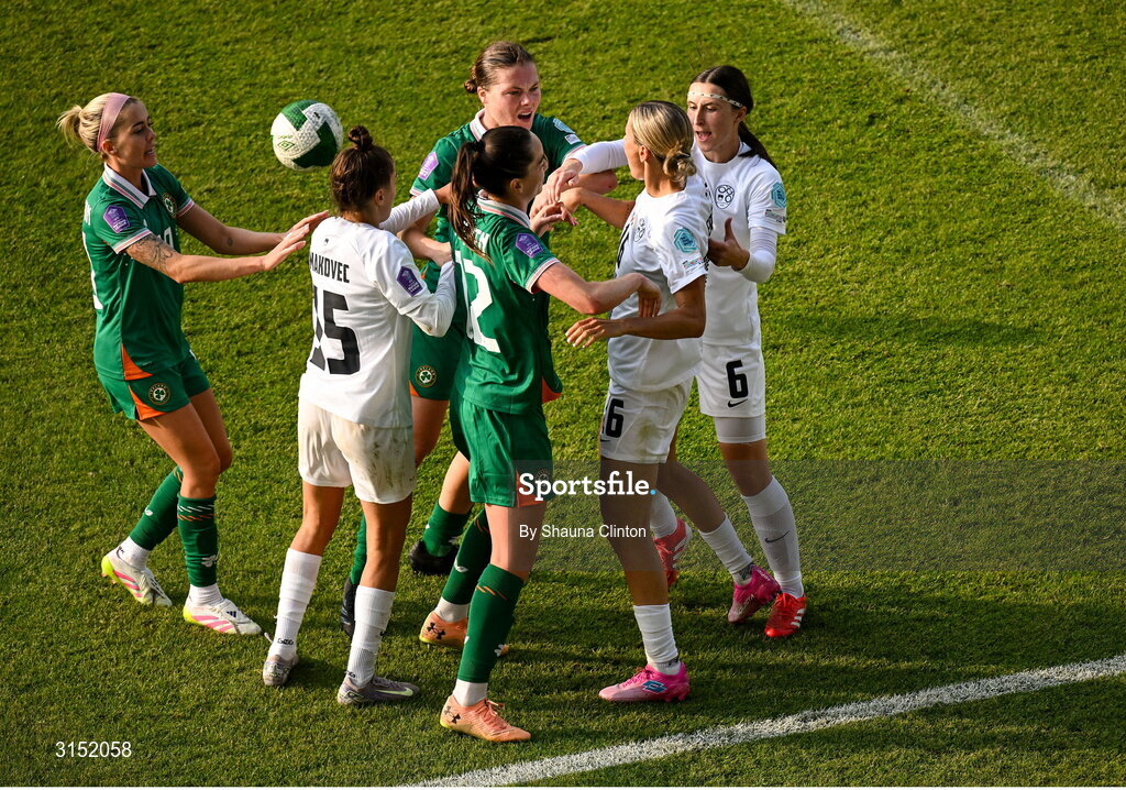 3 June 2025; Players, including Anna Patten and Emily Murphy of Republic of Ireland and Kaja Eržen of Slovenia tussle during the UEFA Women's Nations League, League B match between Republic of Ireland and Slovenia at Páirc Uí Chaoimh in Cork. Photo by Shauna Clinton/Sportsfile