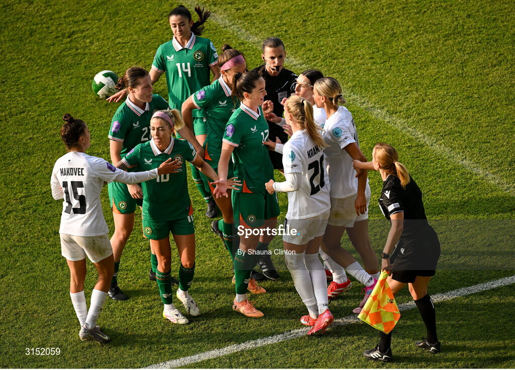3 June 2025; Players from both sides tussle during the UEFA Women's Nations League, League B match between Republic of Ireland and Slovenia at Páirc Uí Chaoimh in Cork. Photo by Shauna Clinton/Sportsfile
