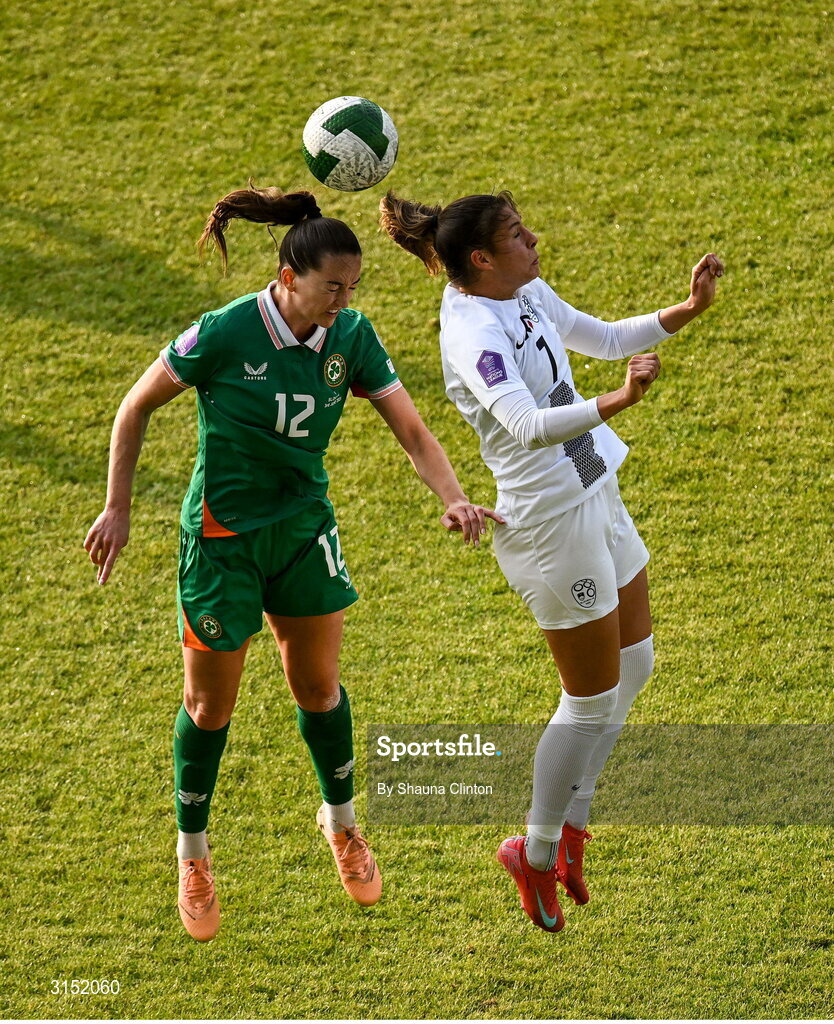 3 June 2025; Anna Patten of Republic of Ireland in action against Nina Kajzba of Slovenia during the UEFA Women's Nations League, League B match between Republic of Ireland and Slovenia at Páirc Uí Chaoimh in Cork. Photo by Shauna Clinton/Sportsfile