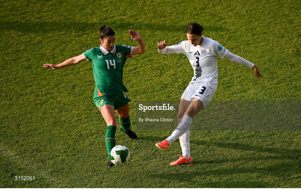 3 June 2025; Sara Agrež of Slovenia in action against Marissa Sheva of Republic of Ireland during the UEFA Women's Nations League, League B match between Republic of Ireland and Slovenia at Páirc Uí Chaoimh in Cork. Photo by Shauna Clinton/Sportsfile