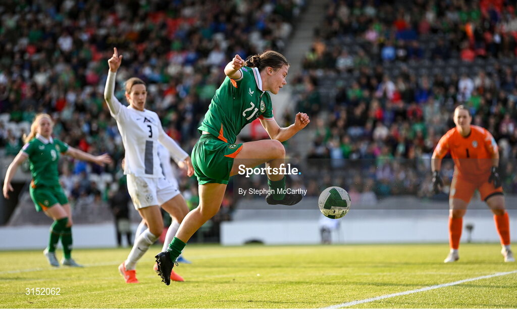 3 June 2025; Emily Murphy of Republic of Ireland attempts to keep the ball in play during the UEFA Women's Nations League, League B match between Republic of Ireland and Slovenia at Páirc Uí Chaoimh in Cork. Photo by Stephen McCarthy/Sportsfile