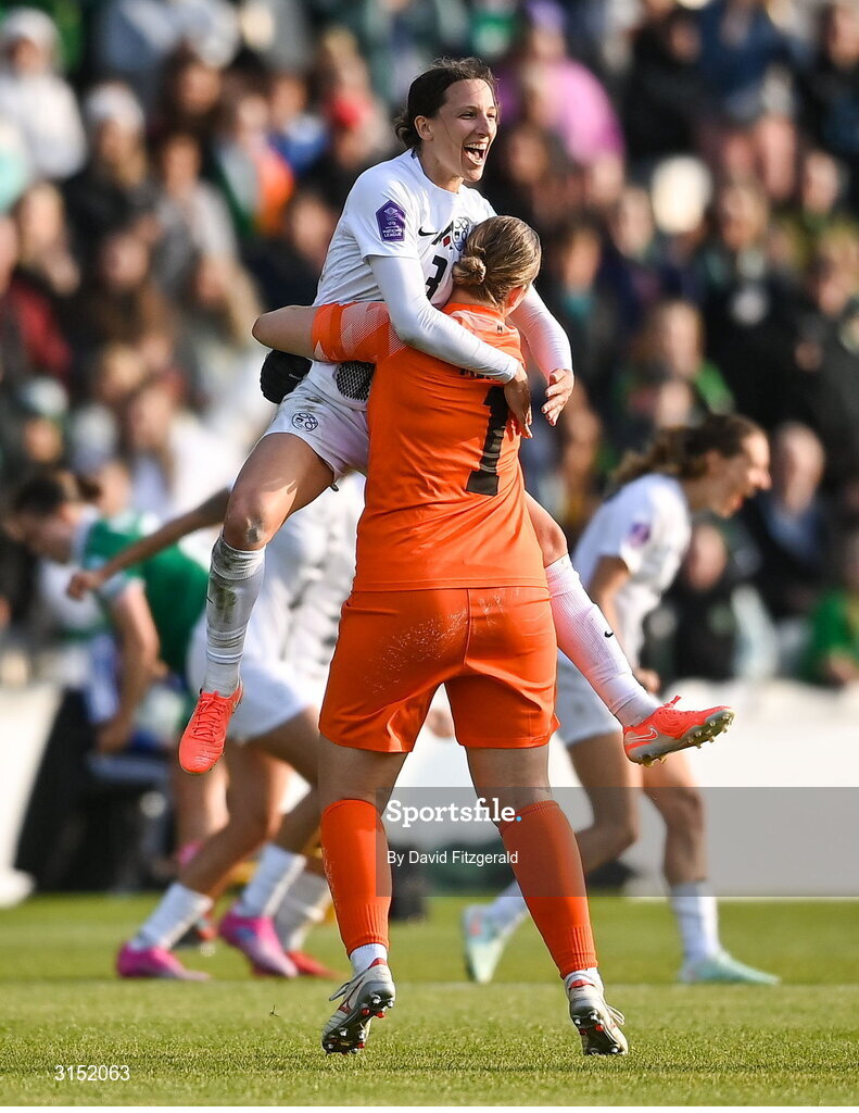 3 June 2025; Sara Agrež, left, and Zala Meršnik of Slovenia celebrate after the UEFA Women's Nations League, League B match between Republic of Ireland and Slovenia at Páirc Uí Chaoimh in Cork. Photo by David Fitzgerald/Sportsfile