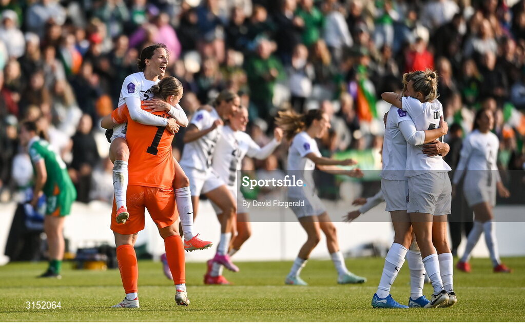 3 June 2025; Sara Agrež, left, and Zala Meršnik of Slovenia celebrate after the UEFA Women's Nations League, League B match between Republic of Ireland and Slovenia at Páirc Uí Chaoimh in Cork. Photo by David Fitzgerald/Sportsfile