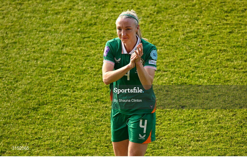 3 June 2025; Louise Quinn of Republic of Ireland applauds supporters, on the occasion of her last international game, after the UEFA Women's Nations League, League B match between Republic of Ireland and Slovenia at Páirc Uí Chaoimh in Cork. Photo by Shauna Clinton/Sportsfile