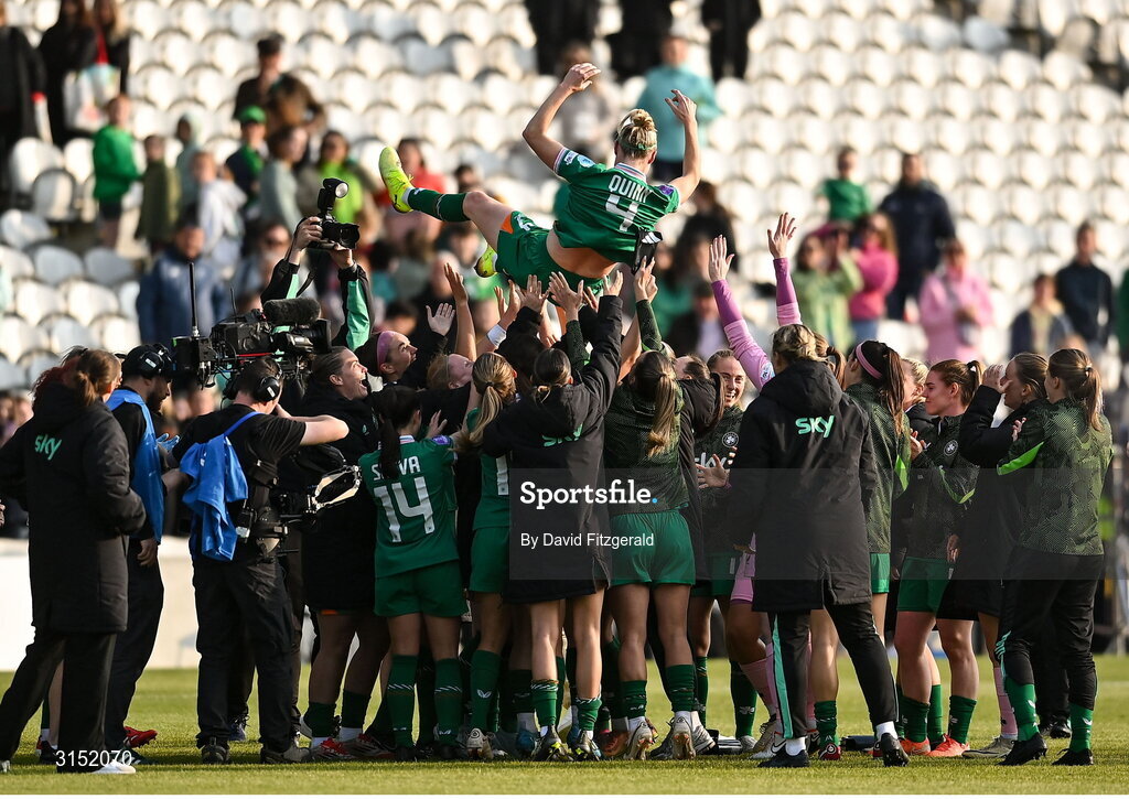 3 June 2025; Louise Quinn of Republic of Ireland is thrown in the air by her teammates, on the occasion of her last international game, after the UEFA Women's Nations League, League B match between Republic of Ireland and Slovenia at Páirc Uí Chaoimh in Cork. Photo by David Fitzgerald/Sportsfile